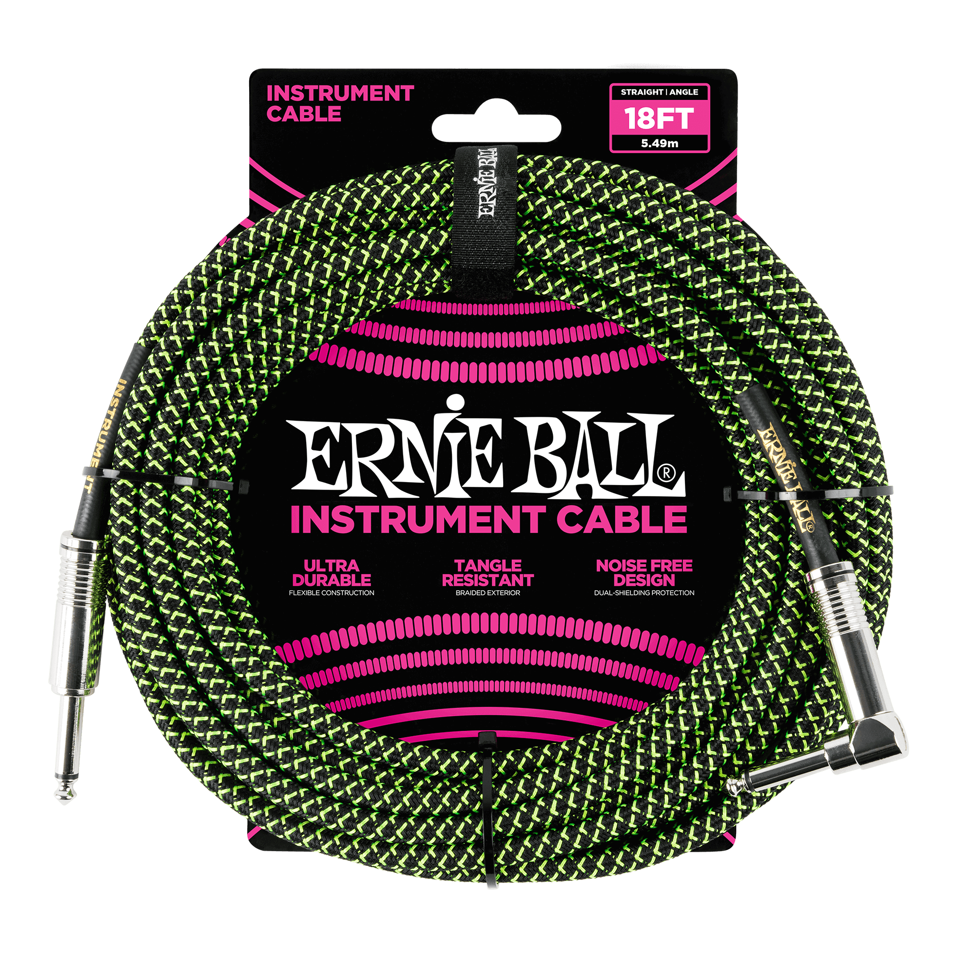 18' Braided Straight / Angle Instrument Cable - Black / Green